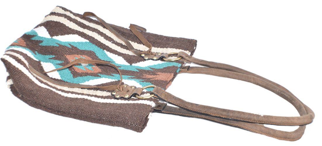 Showman Genuine Leather 100% Wool Teal and Brown Saddle Blanket Handbag #2
